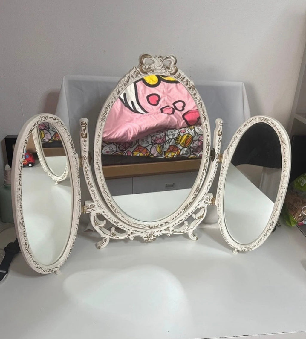 Vintage Style White & Gold Tri-Fold Vanity Mirror