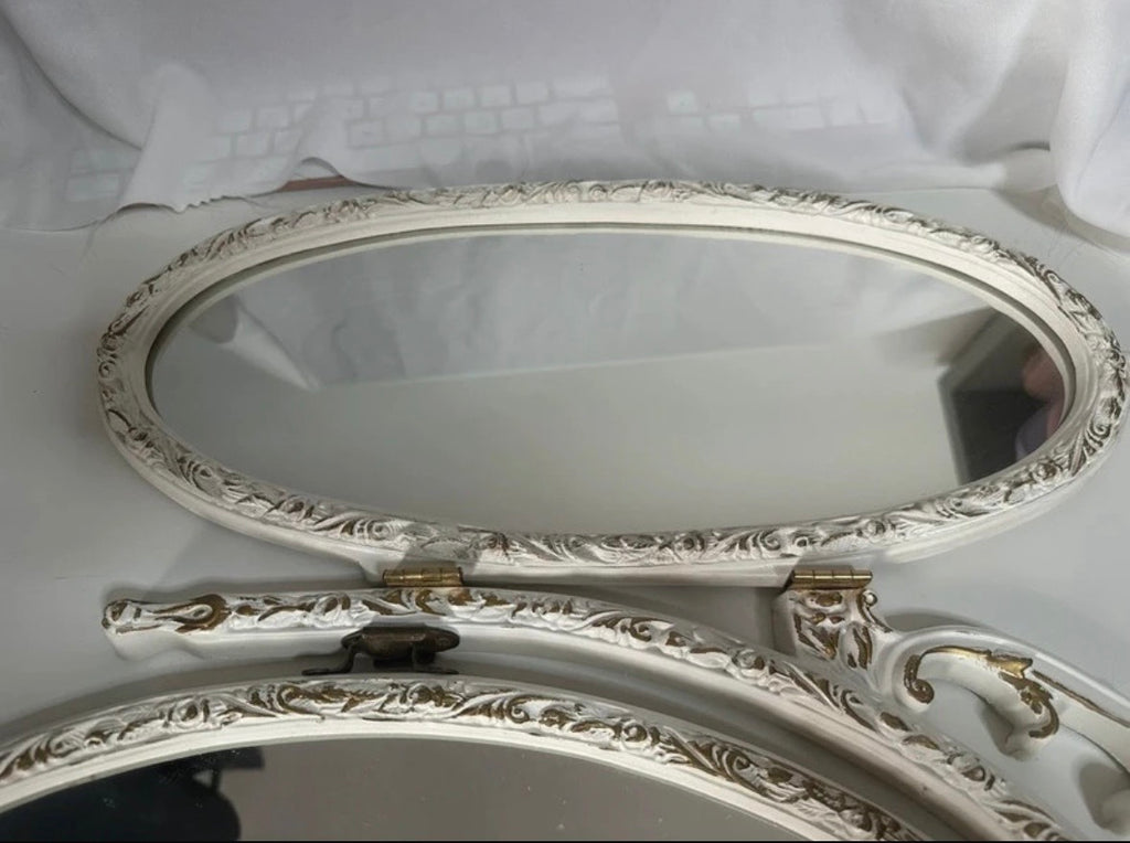 Vintage Style White & Gold Tri-Fold Vanity Mirror