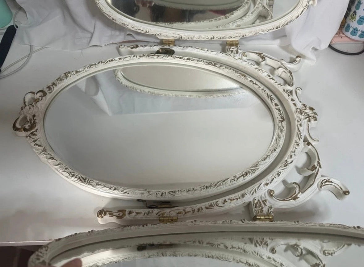 Vintage Style White & Gold Tri-Fold Vanity Mirror