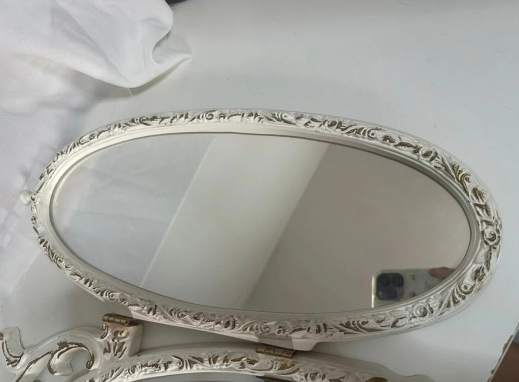 Vintage Style White & Gold Tri-Fold Vanity Mirror