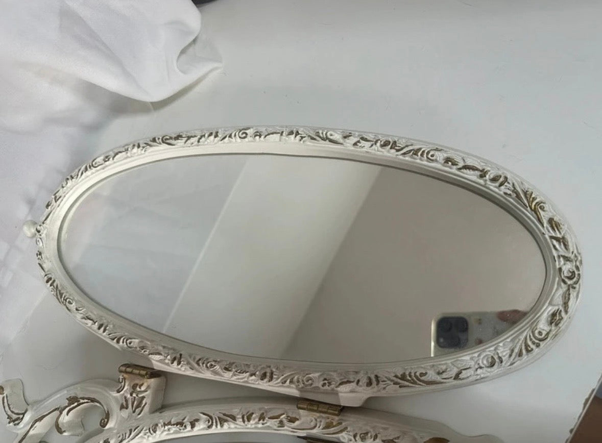 Vintage Style White & Gold Tri-Fold Vanity Mirror